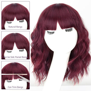 AISI HAIR Purplish Red Synthetic Wavy Curly Bob Wig with Bangs Short Wavy Hair for Women Synthetic Heat Resistant Bob Wigs