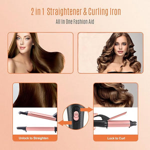 2 in 1 Hair Straightener and Curler, 1 Inch Ceramic Flat Iron &amp; Curling Iron Combo, Mini Travel Dual Voltage 100?240V, Fast PTC Heating, 360¡Æ Swivel Cord, Heat?Resistant Travel Pouch, Rose Gold
