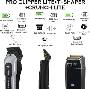 Supreme Trimmer 3-in-1 Barber Bundle | Pro Clipper Lite DLC T-Shaper Trimmer Crunch Lite Foil Shaver | Professional Beard Trimmer/Clipper Kit | Value Bundle 1