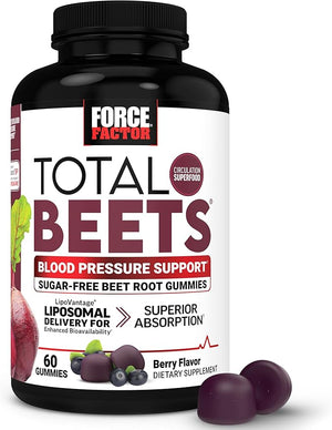 Force Factor Total Beets Gummies, Blood Pressure Support, Liposomal Beet Powder for Superior Absorption, Grape Seed for Nitric Oxide, Circulation &amp; Heart Health, Sugar Free, Mixed Berry, 60 Gummie