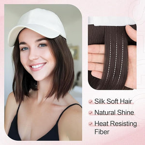 SEGO Baseball Cap with Hair Extensions for Women Heat Resistant Synthetic 6 Inch Adjustable Short Straight Hairpiece Replacement Wigs in White Hat for Girls,06A