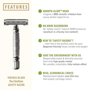 VIKINGS BLADE Double Edge Safety Razor for Men + 5 Swedish Steel Blades + Luxury Case. Smooth Reusable Eco-Friendly (The Chieftain)