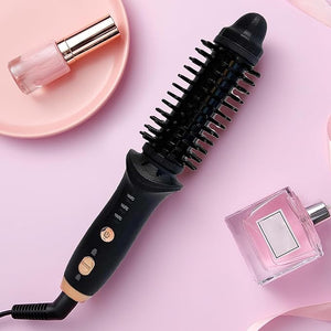 Cordless Heated Round Brush, Travel Size Curling Iron for Short Hair, Portable Straightener Comb Hair Curler, Rechargeable Styling Curling Brush for Women (Black)