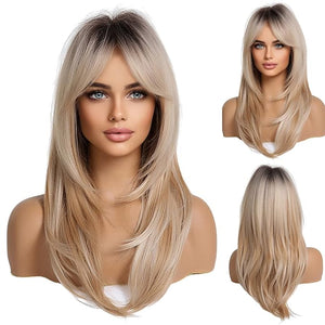 HAIRCUBE Long Blonde Wigs for Women Layered Synthetic Hair Wig with Dark Roots for Daily Party
