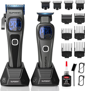 SUPRENT Professional Hair Clippers for Men - Cordless Barber Clippers &amp Zero-gapped Trimmer Set Haircutting Kit with 10000 RPM Motor Speed Blue Titanium-Coated Blades Charging Stands (Gray)