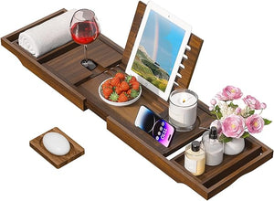 Wooden Bathtub Tray for Luxury Bathroom Expandable Premium Teak Bath Tray Adjustable Bath Accessories for Tub as Unique Housewarming Holiday Birthday Gifts