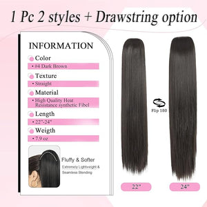 Ponytail Extension 24 Long Straight Claw Clip Ponytail Extension clip on ponytails hair clip Hair claw clip Fake Ponytail Hairpieces for Women - Dark Brown
