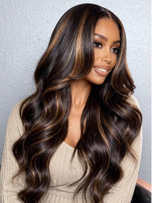 UNICE 13x4 Pre Everything HD Lace Front Wig Human Hair Yaki Loose Wave Glueless Drawstring Wig Dark Brown with Caramel Highlights Pre Plucked Pre Cut Bleached Knots 150% Density 18inch