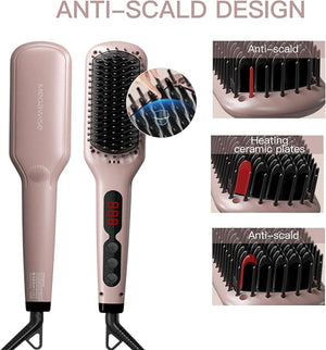 MEGAWISE Pro Ceramic Ionic Hair Straightener Brush for Home Salon | MCH Fast 20s Heating Tech with Auto-Off Safety | Anti-Scald with Universal Dual Voltage | Rotatable Power Cord