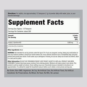 Piping Rock Acetyl L-Carnitine Powder | 300g | ALCAR HCL Supplement | Non-GMO Gluten Free