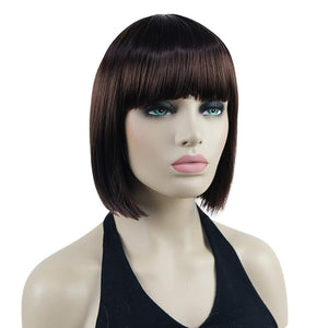 Lydell 8" Straight Short Bob Hair Flat Bangs Cute Central Dot Skin Top Heat Resistant Synthetic Wigs (33 Dark Auburn)