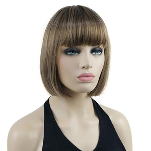 Lydell 8 Straight Short Bob Hair Flat Bangs Cute Central Dot Skin Top Heat Resistant Synthetic Wigs (12TT26 Light Brown Highlights)