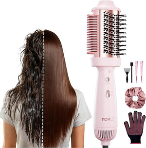 4-in-1 Blow Dryer Brush &amp; Hair Straightener - NOVUS Ionic Hot Air Styler with Titanium Barrel, Volumizer for Frizz-Free Smoothing, Blowout Tool for All Hair Types (Pink)