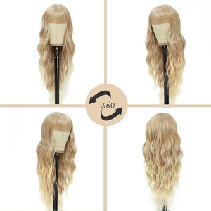 NAYOO Blonde Wigs with Bangs for Women Long Curly Wavy Hair Wigs Heat Resistant Synthetic Fiber Wigs for Daily Party Use 26 Inches (Blonde)
