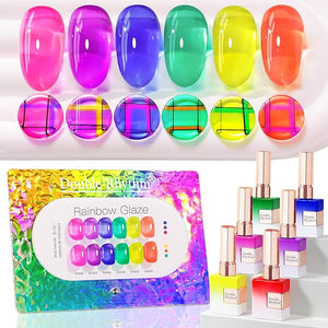 Double Rhythm 6 Pcs 15 ML Gel Polish Set Same Color Same Bottle Soak Off Jelly Neon Gel Polish Kit Nail Art Manicure Salon DIY at Home (Pink Purple Blue Green Yellow Green-T6-50)