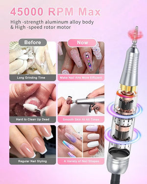 CozyZen Cordless Nail Drill Professional: 45000 RPM Rechargeable Electric Nail File Kit Portable &amp Low Noise for Acrylic Gel Nails Manicure &amp Pedicure - Salon &amp Home Use