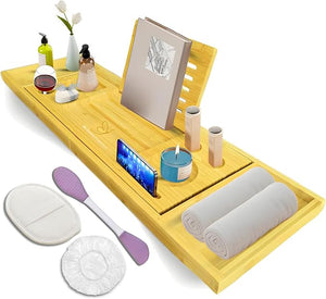 Premium Bathtub Tray with Accessories - Expandable Wooden Bath Tray Hair Cap Bath Sponge Face Mask Brush