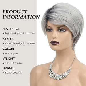 SEVENCOLORS Short Grey Wigs Ombre Gray Pixie Cut Wig with Dark Root Synthetic Natural Hair Short Silver Wigs for Black Women White Women