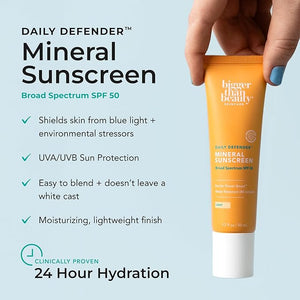 Daily Defender Broad Spectrum SPF 50 Mineral Sunscreen with Hyaluronic Acid, Vitamin C &amp; Niacinamide (as Vitamin B3), Lightweight UVA &amp; UVB Protection, Skin Care, Medium