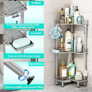 HapiRm Corner Shower Caddy Standing - 3 Tier Shower Organizer Corner with Soap Holder Rustproof Bathroom Standing Organizer with 4 Hooks Grey