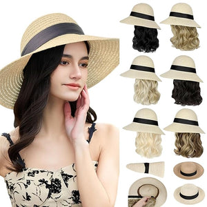 Sun Hat Straw Hat Wig Detachable Adjustable Cap with 12 Inch Synthetic Wavy Hair Extensions Foldable for Women Summer Beach Outdoors Dark Black