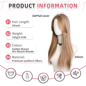 Toppers Hair Pieces for Women 24 Inch Straight Clip in Hair Toppers for Women with Thinning Hairs Synthetic Hand-Tied Hairline Lace Front Women's Hair Topper Golden Brown Mix Bleach Blonde