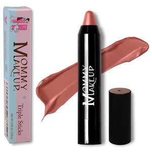 Mommy Makeup Triple Sticks Lipstick, Cream Blush &amp; Treatment All-In-One with Shea &amp; Cocoa Butter - Soft &amp; Creamy Moisturizing Lip Crayon For Lips &amp; Cheeks (Bare Babe)