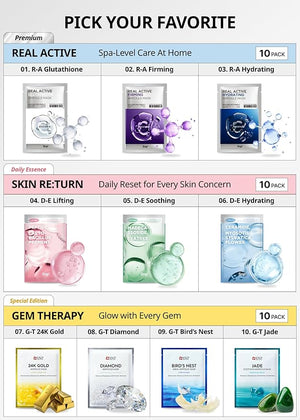 SNP Real Active Glutathione Ampoule Sheet Mask | Vegan Face Mask with Glutathione &amp; Niacinamide | Revitalizing and Balancing for All Skin Types | Korean Face Masks Skincare | 10 Sheets