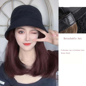 Detachable women's wig hat autumn summer bucket fisherman hat medium length hair with inner buckle collarbone wig