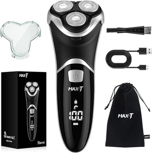 MAX-T Men's Electric Shaver - Corded and Cordless Rechargeable 3D Rotary Shaver Razor for Men with Pop-up Sideburn Trimmer Wet and Dry Painless 100-240V Black (Metal Black)
