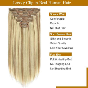 Loxxy Seamless Clip In Human Hair ExtensionS Silky Straight 7 Pieces Light Brown Highlighted Platinum Blonde Balayage120g 18 Inch P#8/60A