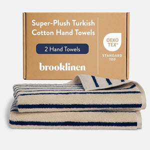 Brooklinen Super-Plush Turkish Cotton Hand Towels - Set of 2 - Cotton 820 GSM Highly Absorbent Machine Washable Perfect for Home &amp Bathroom (20 x 30 Striped Navy)