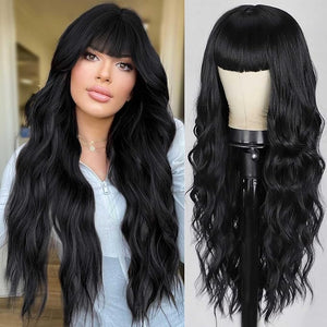 Lativ Black Wig with Bangs Long Wavy Wig for Women Synthetic Curly Natural Black Wigs Hair Replacement Wigs for Girls Daily Party Use 26 Inches