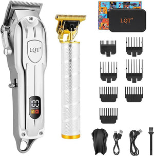 Professional Hair Clipper Set Gold LED Display with Trimmer 8 Guide Combs Barber Shaver Set with Travel Case and Haircut Cape (Silver)