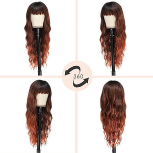 NAYOO Auburn Wigs with Bangs - Long Curly Wavy Hair Heat Resistant Synthetic Fiber for Daily Party Use 26 Inches (Ombre Auburn)