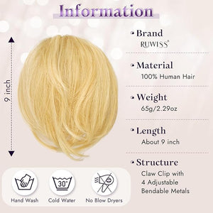 RUWISS Claw Clip Short Human Hair Ponytail Extension with Bendable Metals for DIY Styles Straight Messy Bun Hair Piece for Women Hairpieces for Daily Wear 9 Inch Golden Blonde Mixed Bleach Blond