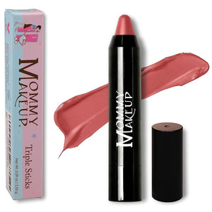 Mommy Makeup Triple Sticks Lipstick, Cream Blush &amp; Treatment All-In-One with Shea &amp; Cocoa Butter - Soft &amp; Creamy Moisturizing Lip Crayon For Lips &amp; Cheeks (Tess)