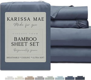 KARISSA MAE Cooling Bamboo Viscose Split King Sheet Set | 100% Organically Grown | 18¡± Deep Pocket | Silky Soft &amp Hypoallergenic | with Organizer Band &amp Elastic Corner Straps [Slate Blue]