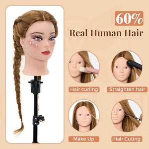 Mannequin Head with 80% Real Human Hair 28¡° Make up Cosmetology Manikin Practice Head with HairBraiding Hairdressing Doll Head with Table Clamp + DIY Hair Styling Set Suitable for Hair Extensions