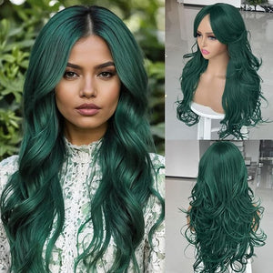 Dark Green Wig Long Layered Wavy Green Wigs with Curtain Bangs for Black White Women Synthetic Long Wavy Layered Natural Curly Wigs Heat Resistant for Daily Party Use 24Inch(GREEN)
