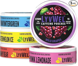 LyvWel 225mg Caffeine Energy Pouches | Nootropic Focus &amp Neuro Support | Tobacco-Free Nicotine-Free Quick Energy Solution | 5-Pack: 60 Pouches (5 Pack Multi-Pack)