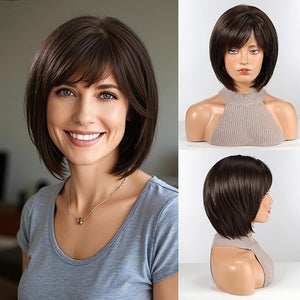 HAIRCUBE Bob Wigs for Women Synthetic Wig with Fringe Dark Brown Color