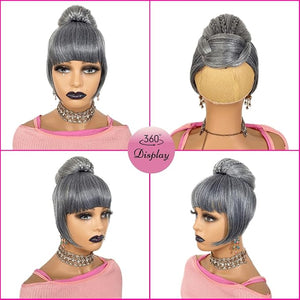 Quick Bun and Bangs 2 Piece Set - Grey Braided Bun N Bang for Black Women Synthetic Hair Puff Ponytail Updo Hair Piece