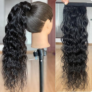 Magic Paste Ponytail Human Hair Extension Water Wave Afro Ponytail for Black Women Human Hair Natural Black Color Brazilian Virgin Human Hair Ponytail Remy Hair Extensions(12 Inches 105g)