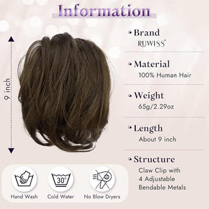 RUWISS Claw Clip Short Human Hair Ponytail Extension with Bendable Metals for DIY Styles Straight Messy Bun Hair Piece for Women Hairpieces for Daily Wear 9 Inch Dark Brown with 15% Dark Cocoa Blonde