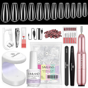 SAVILAND Gel Nail Kit with U V Light: Gel Nail X Kit with Nails Glue Easy At Home Nail Kit 500Pcs Short Coffin Nail Tips and Nail Drill 4-in-1 Glue Gels 15ML Mini U V Nail Lamp For Manicure