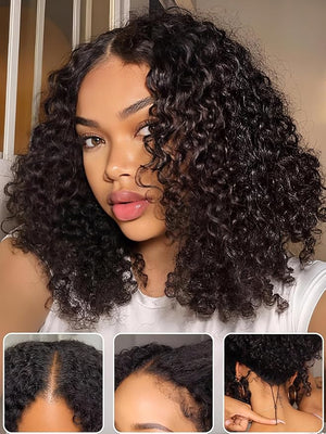 Julia Hair EasiContour 12A V Part Jerry Curly Glueless Wigs Human Hair Clip in Half Wig No Leave Out Vpart Wig Upgrade U Part Human Hair Wig for Women No Glue Beginner Friendly Natural Color 18 Inch