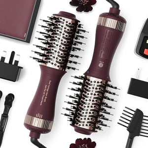 Travel Dual Voltage Hair Dryer Brush 4-in-1 Portable Mini Hot Air Blow Dryer Straightener &amp Curler Brush Autom?tico Doble Voltaje Cepillo Secador De Cabello 110~240V US/EU/UK -Blackcurrant Rose G
