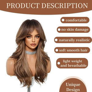 Haoland Long Brown Wigs for Women 26 Inch Long Wavy Wigs Natural Synthetic Hair Wavy Wig With Bang for Daily Party Use