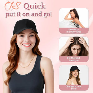 SEGO Hat Wig Hat with Hair Attached for Women Black Baseball Cap with Hair Extensions Long Wavy Baseball Cap Wig Adjustable Hats for Daily Party 16 Inch #1 Black